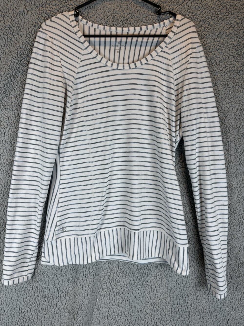 Athleta Space Dye Striped Shirt White Gray Size Medium Athletic Casual Comfort